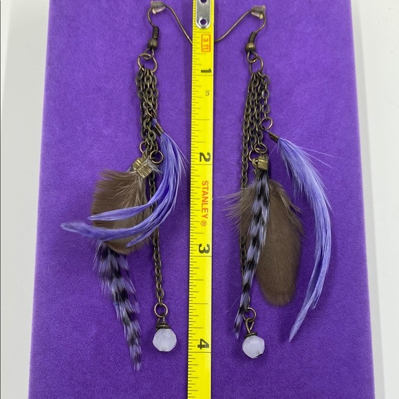 💛 Classic Purple & Brown Feathered Chain Drop Earrings - Picture 3 of 3